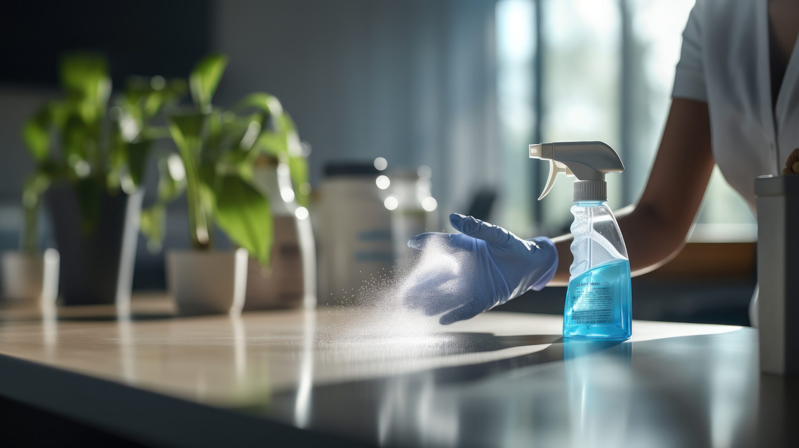 Professional cleaning staff sanitizing an office desk with spray